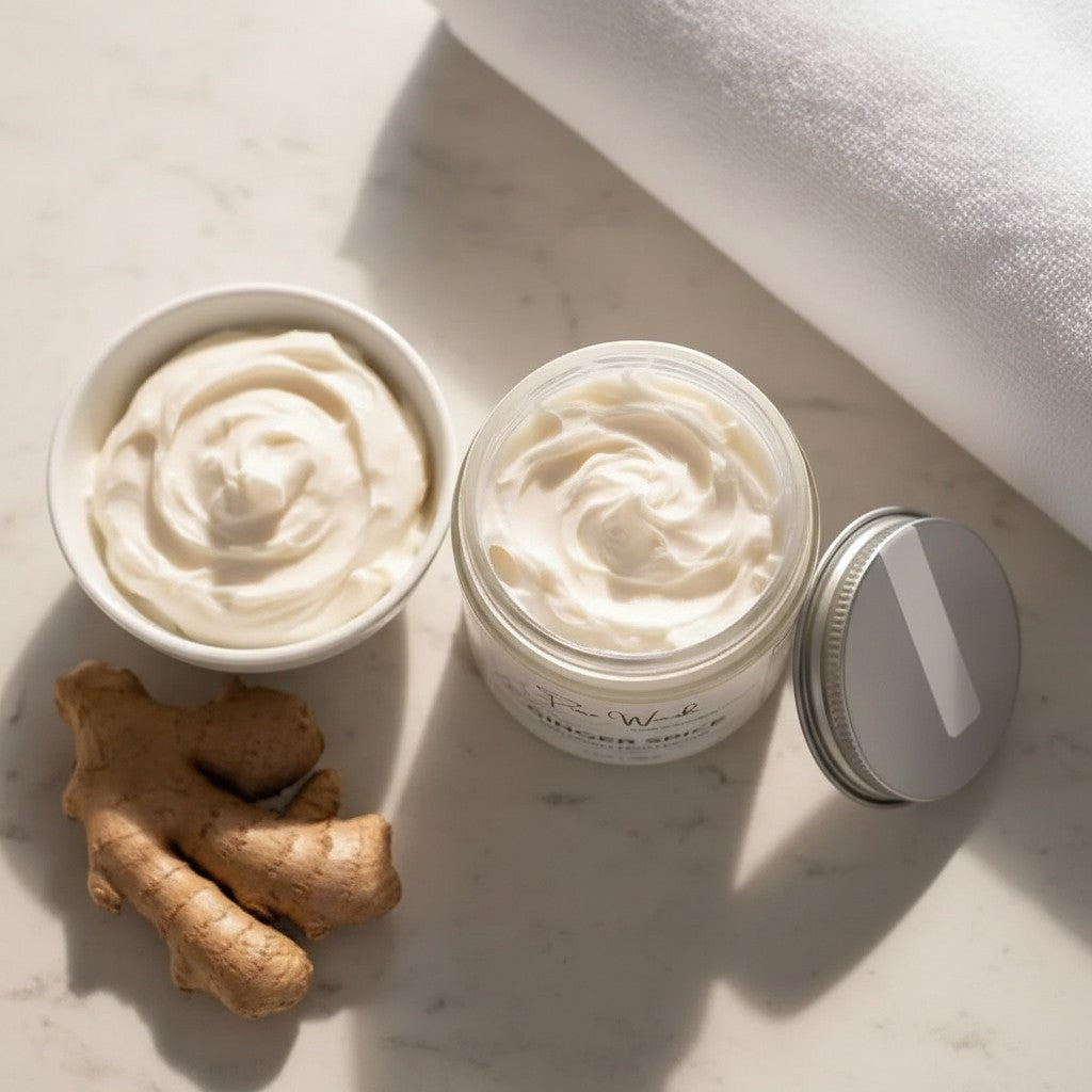 Oh Canada Gifts handcrafted body lotion in a glass jar and bowl with fresh ginger root on a marble surface.