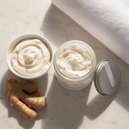 Oh Canada Gifts handcrafted body lotion in a glass jar and bowl with fresh ginger root on a marble surface