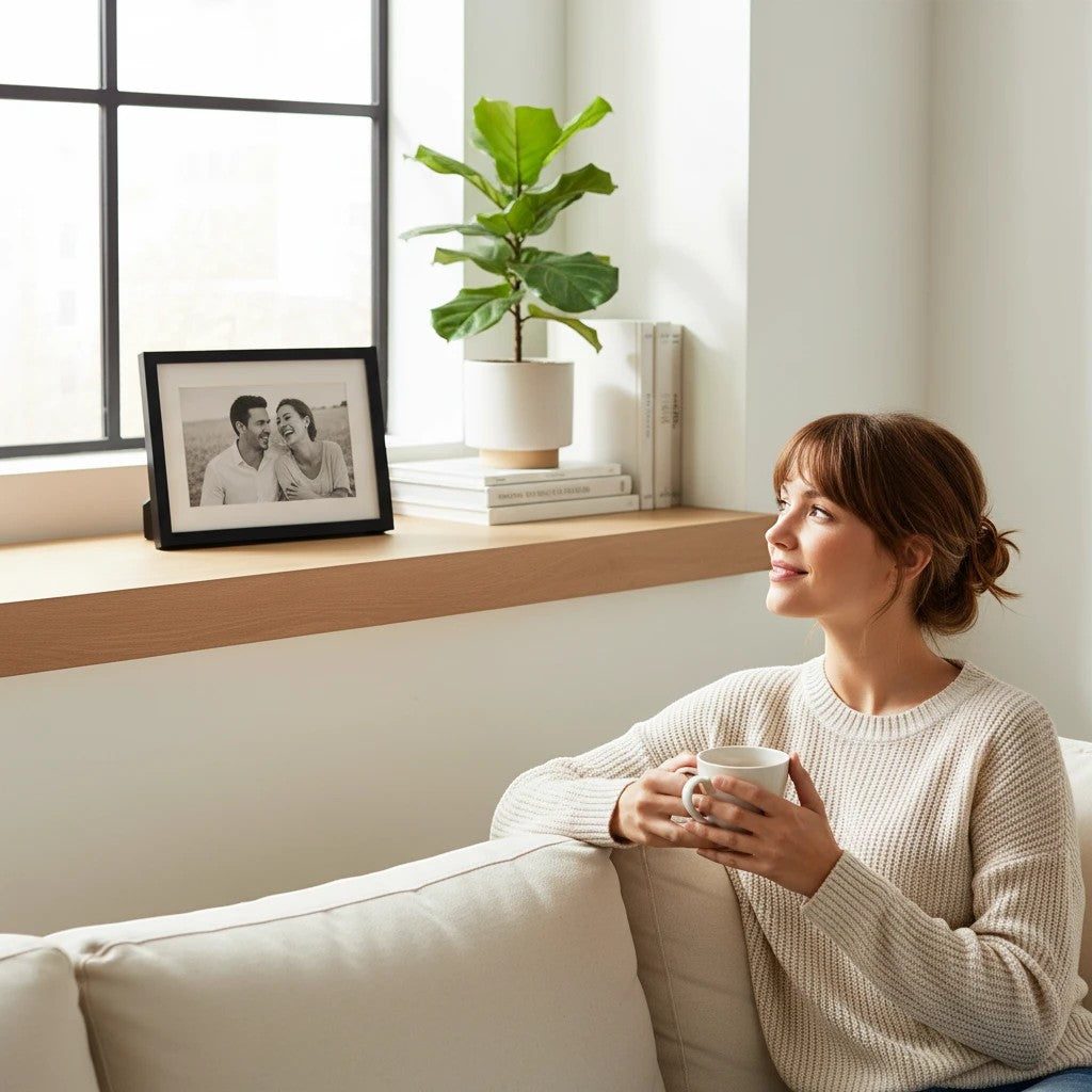 Oh Canada Gifts handmade black photo frame with a couple's portrait displayed on a wooden windowsill near a plant.