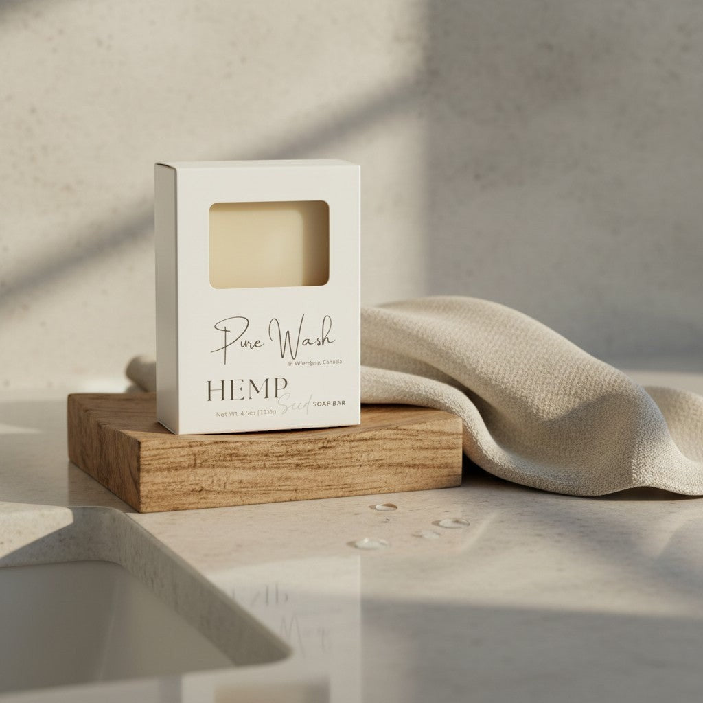 Oh Canada Gifts Pure Wash handmade hemp seed soap bar in white packaging resting on a wooden block with a linen cloth.