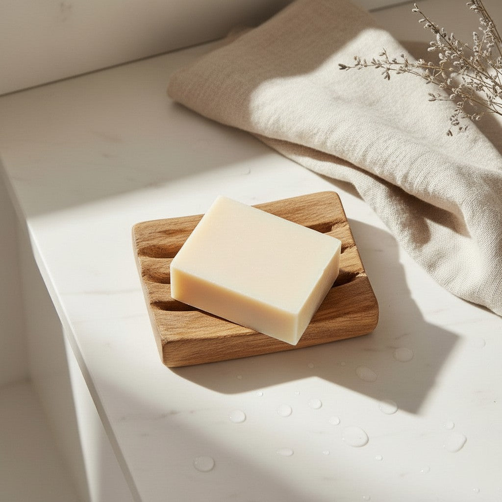 Oh Canada Gifts handmade hemp seed soap bar resting on a wooden soap dish on a white marble surface with linen cloth.