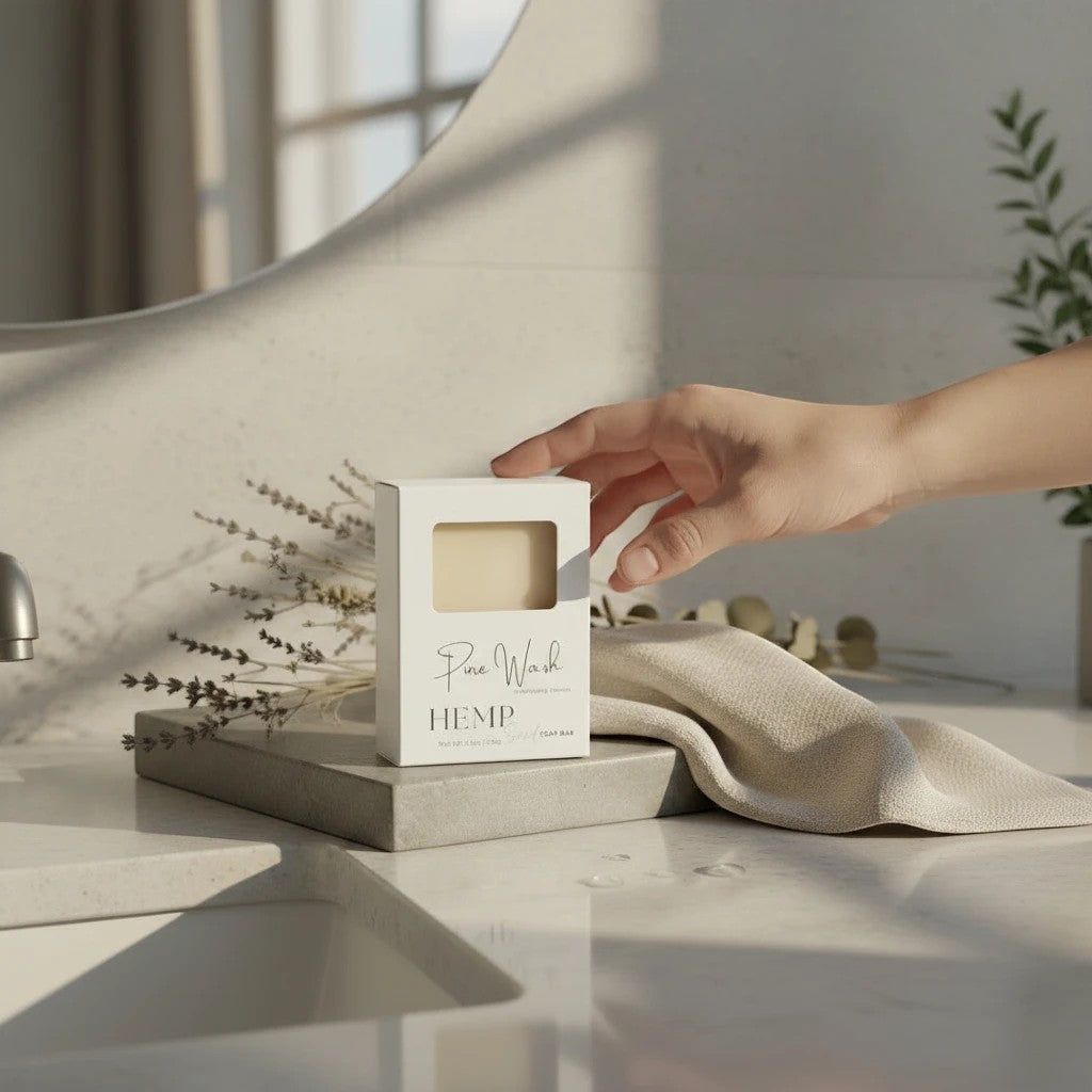 Oh Canada Gifts handmade hemp seed soap bar in white packaging on a stone tray in a bright, modern bathroom.