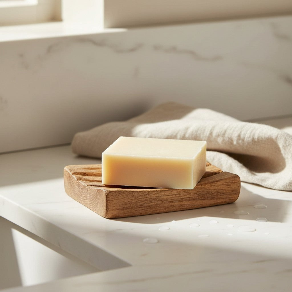 Oh Canada Gifts handmade hemp seed soap bar resting on a wooden soap dish on a marble countertop.
