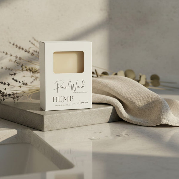 Oh Canada Gifts handmade hemp seed soap bar in white packaging on a stone counter with a linen cloth and dried flowers.