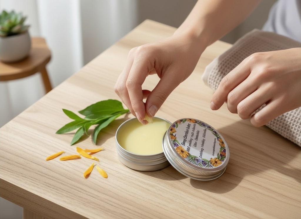 Oh Canada Gifts comfrey and calendula herbal healing balm in a metal tin being applied by hand on a wooden table.
