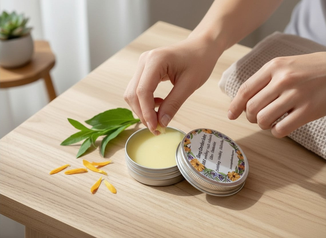 Oh Canada Gifts comfrey and calendula herbal healing balm in a metal tin being applied by hand on a wooden table.