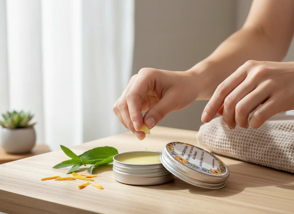 Oh Canada Gifts comfrey and calendula herbal skin repair balm in a metal tin being applied by hand on a wooden table