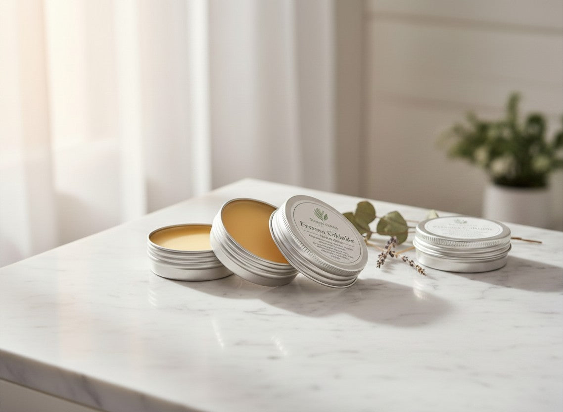 Oh Canada Gifts Heritage Salve Collection featuring three small metal tins of herbal balms on a marble surface.