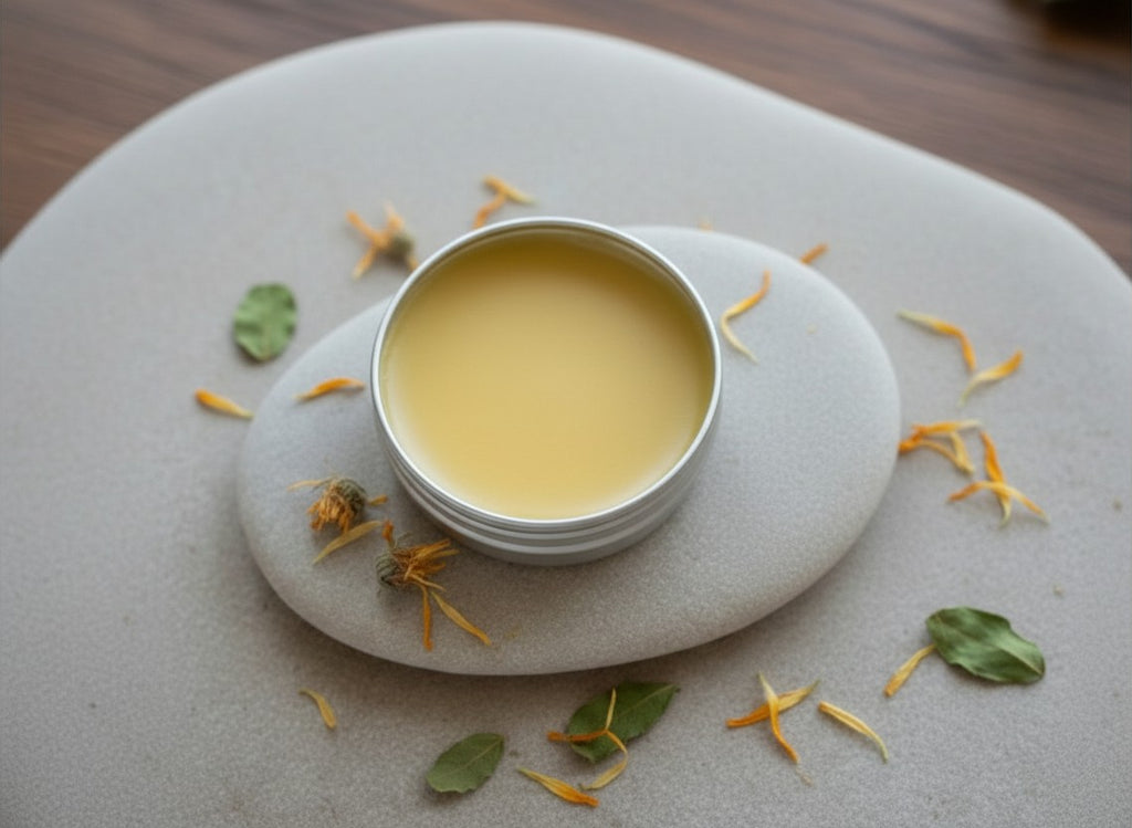 Oh Canada Gifts Back Kitchen Heritage Salve in a round metal tin on a smooth stone with scattered dried botanical petals.