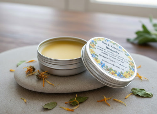 Oh Canada Gifts Back Kitchen Heritage Salve in a round metal tin with floral label on a smooth stone surface.