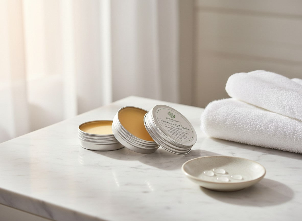 Oh Canada Gifts Heritage Salve Collection featuring three small metal tins of herbal balms on a marble surface.