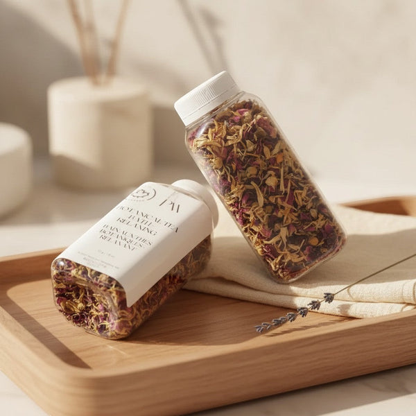Oh Canada Gifts herbal tea bath soak with dried flower petals and botanicals in clear bottles on a wooden tray.