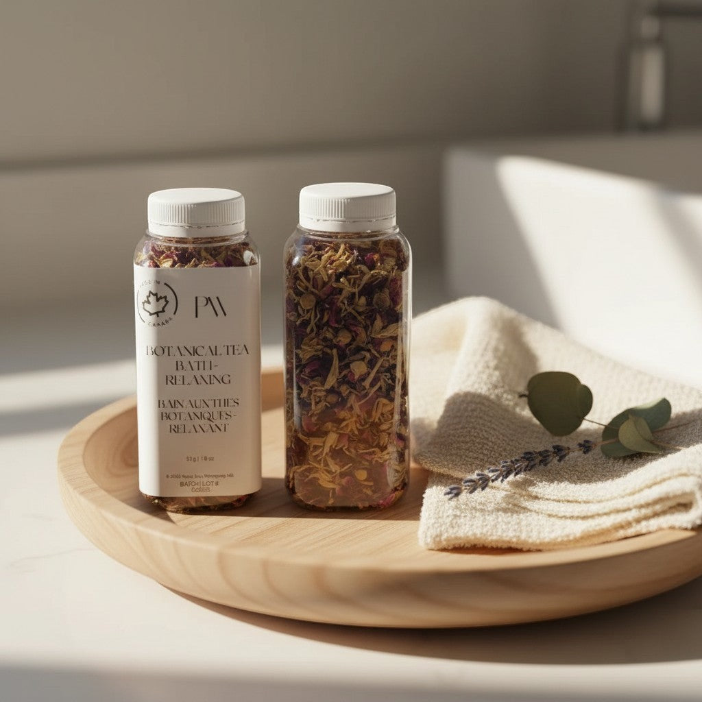 Oh Canada Gifts herbal tea bath soak with dried flower petals and botanicals in clear bottles on a wooden tray.