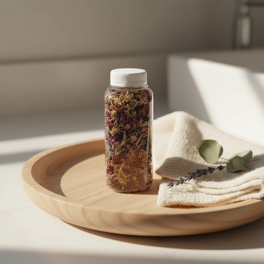 Oh Canada Gifts herbal tea bath soak in a clear bottle on a wooden tray with a towel and dried lavender sprig.