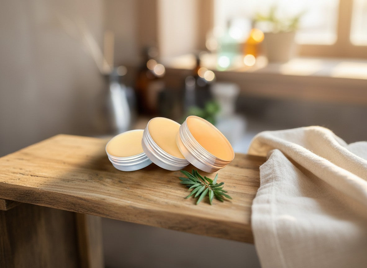 Oh Canada Gifts Heritage Salve Collection featuring three herbal balms in silver tins on a wooden surface with greenery.