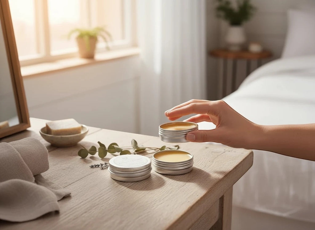 Oh Canada Gifts Heritage Salve Collection featuring three small metal tins of herbal balm on a wooden table.