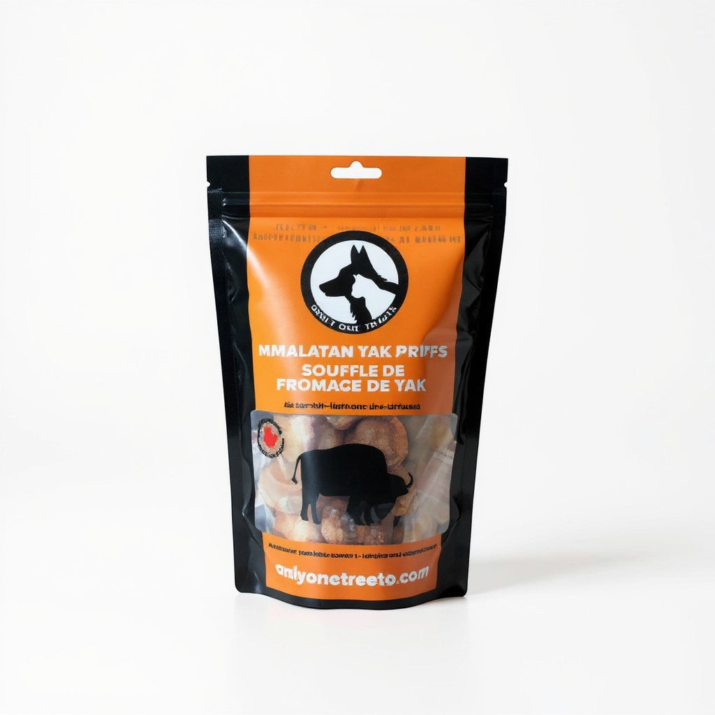 Oh Canada Gifts Himalayan yak cheese dog chew treat in a black and orange resealable pouch