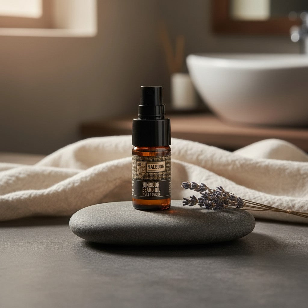 Oh Canada Gifts Humidor beard oil in an amber glass spray bottle on a smooth grey stone with dried lavender sprigs.