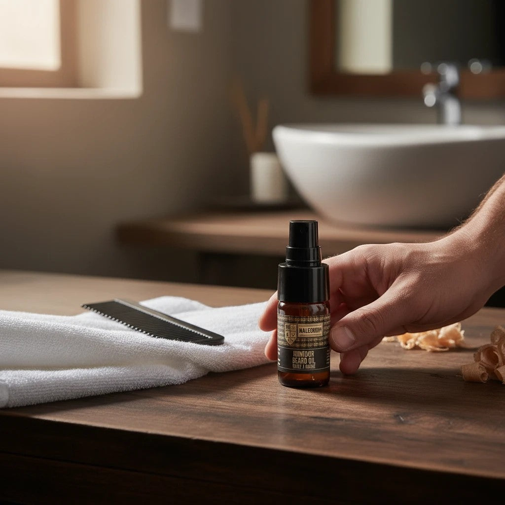 Oh Canada Gifts Humidor beard oil bottle on a wooden vanity with a white towel and comb in a bathroom setting