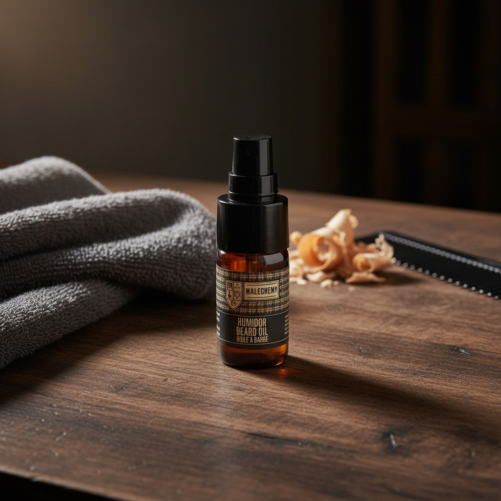 Oh Canada Gifts Humidor beard oil in an amber glass spray bottle on a wooden surface with a grey towel and wood curls.