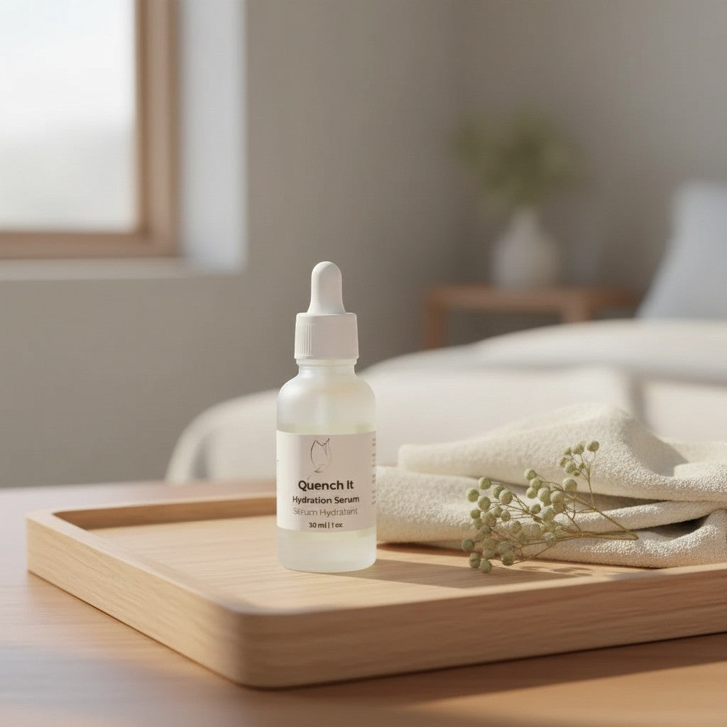 Oh Canada Gifts Quench It hydrating serum in a glass dropper bottle on a wooden tray with a soft cloth.