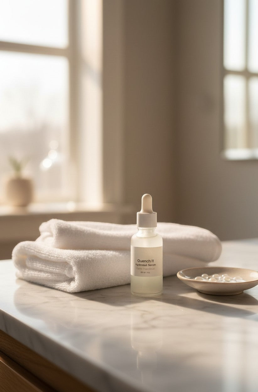 Oh Canada Gifts Quench It Hydrating Serum in a glass dropper bottle on a marble counter with white towels.