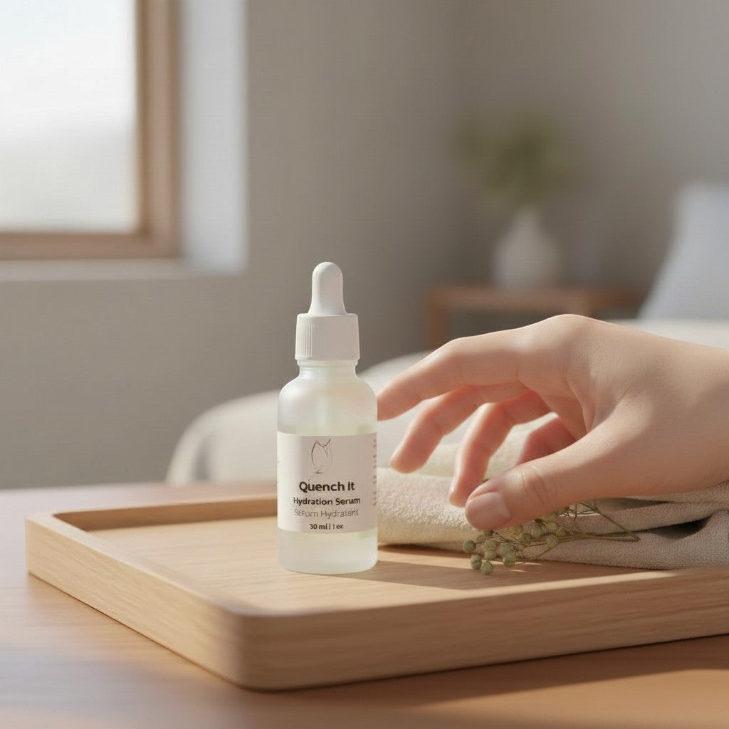 Oh Canada Gifts Quench It hydrating serum in a glass dropper bottle on a wooden tray with a hand nearby.