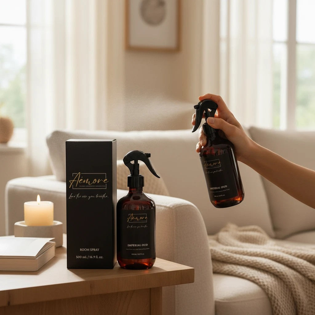 Oh Canada Gifts Aémore Imperial Oud room and linen spray bottle being used in a bright, cozy living room setting.