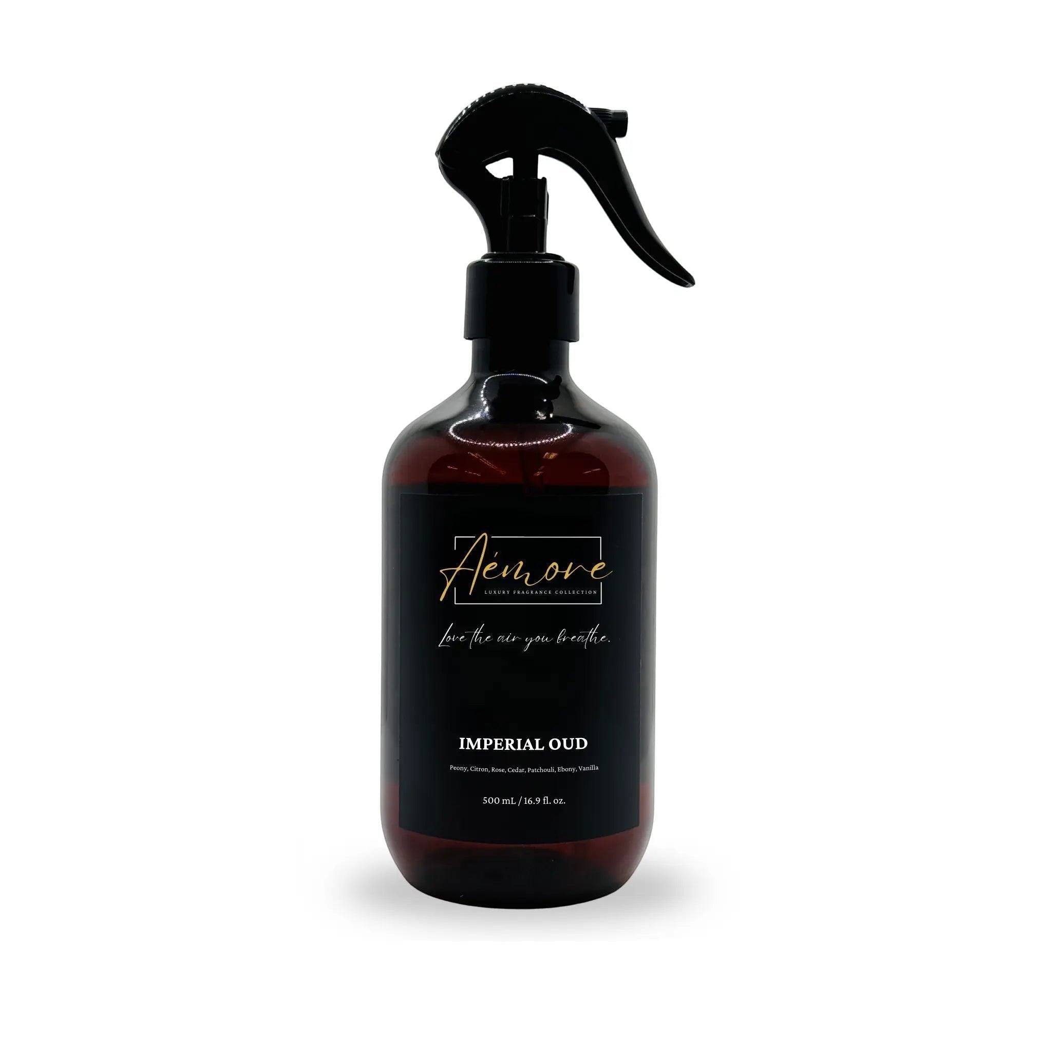 Oh Canada Gifts Aémore Imperial Oud room and linen spray in a 500ml amber glass bottle with a black trigger sprayer.