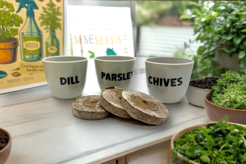 Oh Canada Gifts indoor herb garden kit with three white pots labeled dill, parsley, and chives, soil pods, and seeds.
