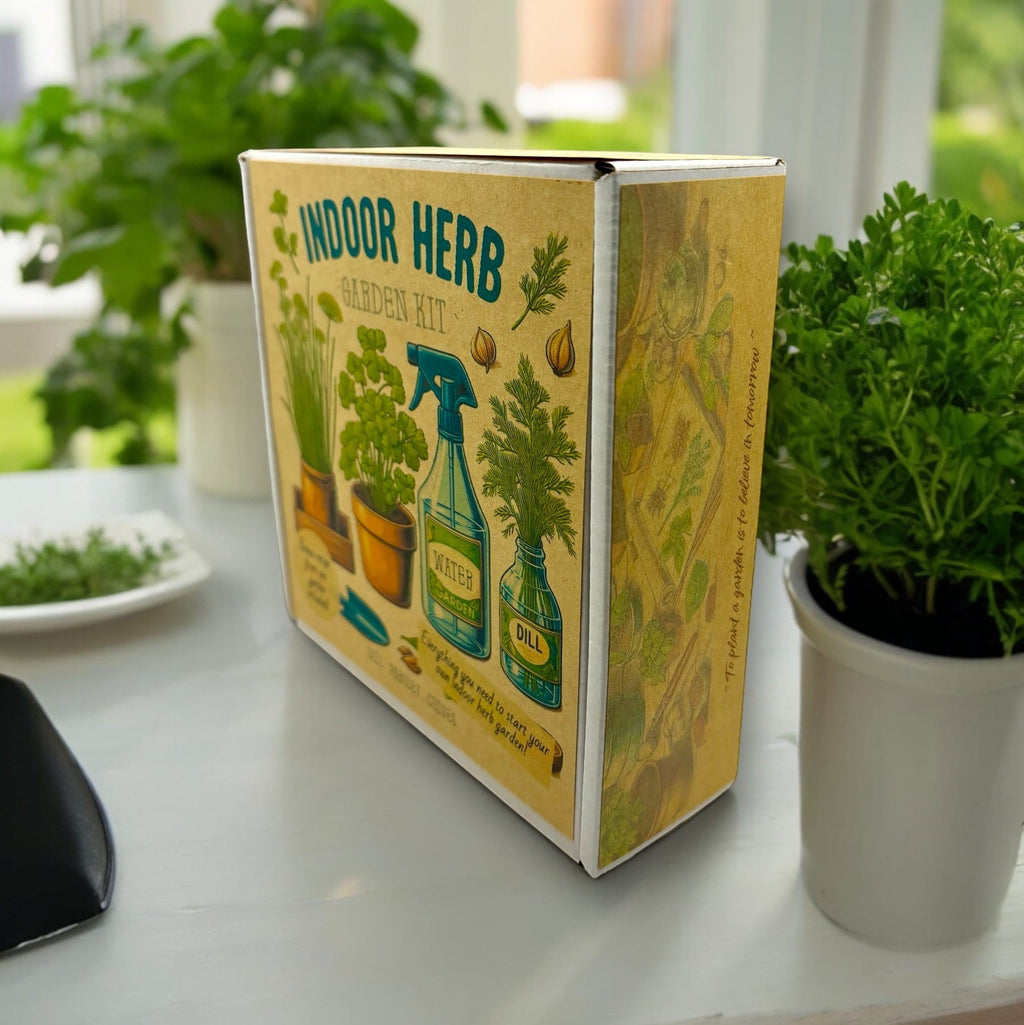 Oh Canada Gifts indoor herb garden starter kit box with illustrated parsley, chives, dill, and water spritzer.