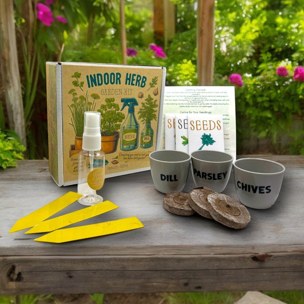 Oh Canada Gifts indoor herb garden starter kit with pots, seeds, soil pods, water spritzer, and yellow plant markers.