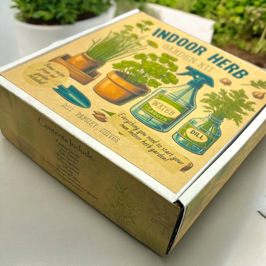Oh Canada Gifts indoor herb garden starter kit box featuring illustrations of dill, parsley, chives, and a water spritzer