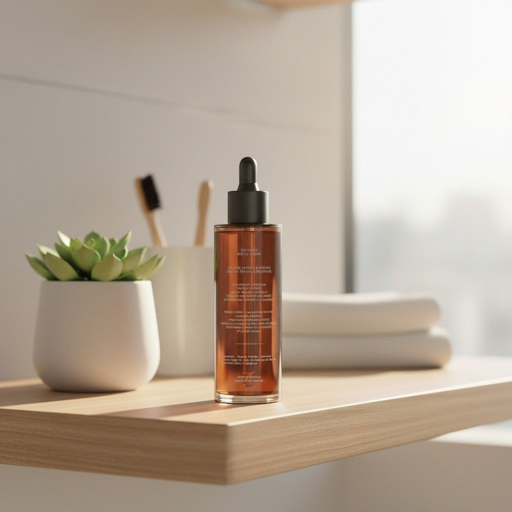 Oh Canada Gifts Canadian Grace organic Jamaican black castor oil in a glass dropper bottle on a wooden bathroom shelf.