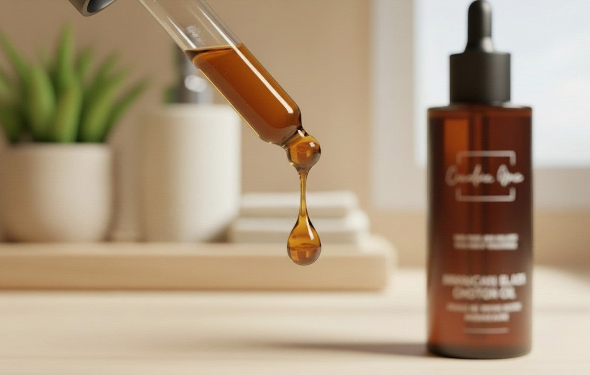 Oh Canada Gifts Canadian Grace organic Jamaican black castor oil with a glass dropper dispensing a drop of thick oil.