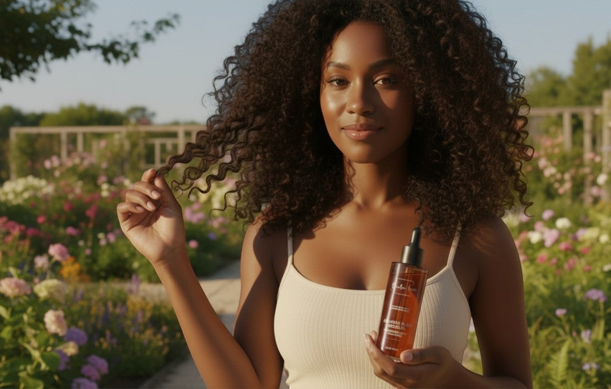 Oh Canada Gifts Canadian Grace organic Jamaican black castor oil held by a woman with curly hair in a garden