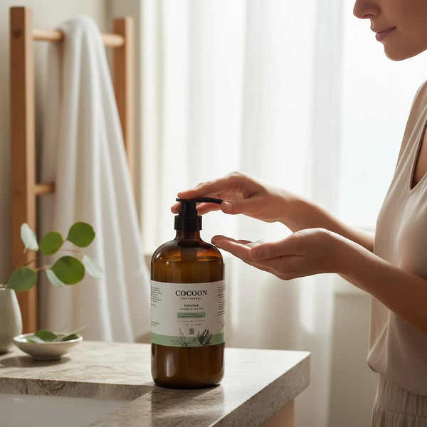Oh Canada Gifts Kahuna body lotion in an amber pump bottle being applied by a woman in a bright, airy bathroom.