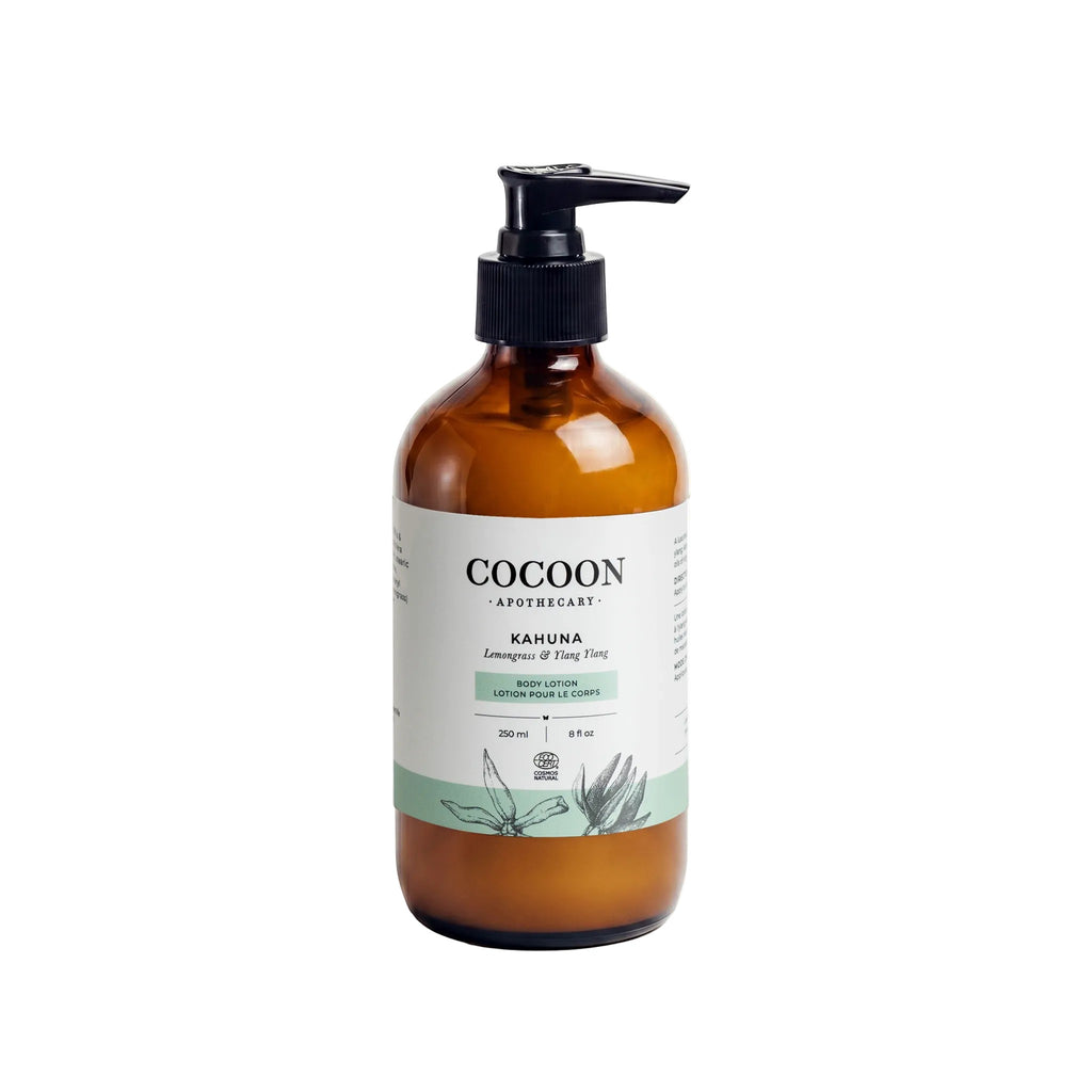 Oh Canada Gifts Cocoon Apothecary Kahuna body lotion in an amber glass bottle with a black pump dispenser
