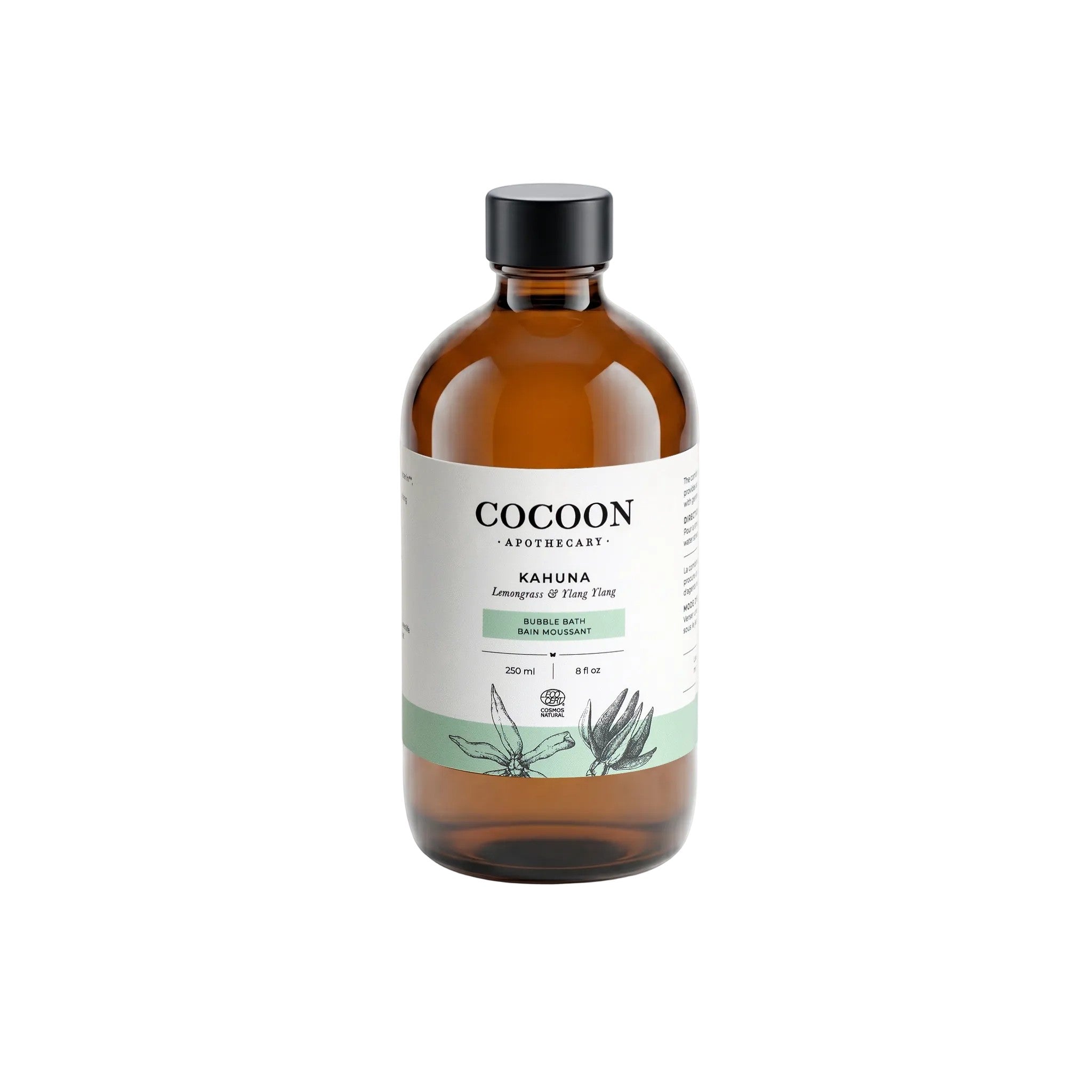 Oh Canada Gifts Cocoon Apothecary Kahuna bubble bath in an amber glass bottle with a minimalist label.