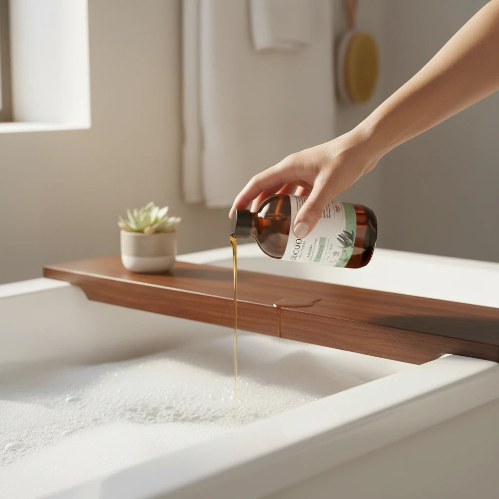 Oh Canada Gifts Kahuna bubble bath being poured from a glass bottle into a warm bath with a wooden tray and plant.