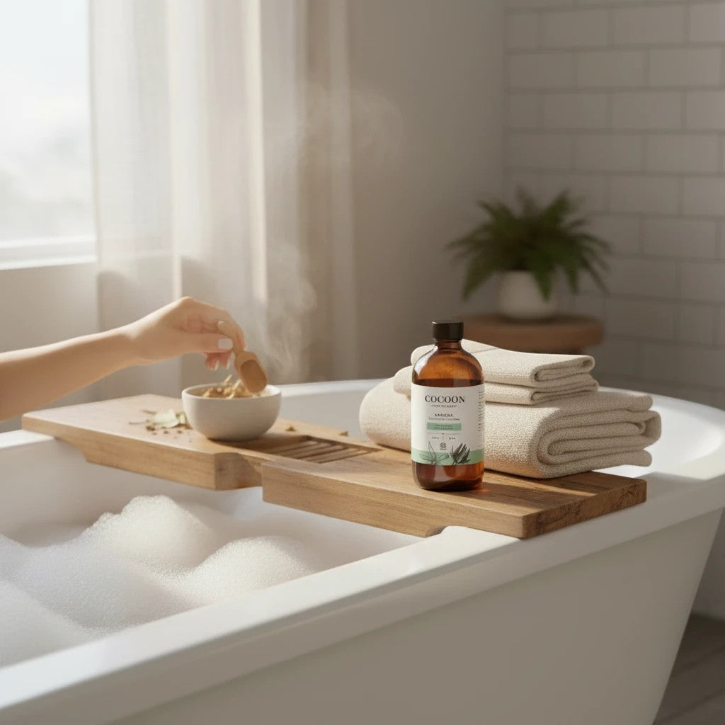Oh Canada Gifts Cocoon Apothecary Kahuna bubble bath in a glass bottle on a wooden tray over a steaming bathtub