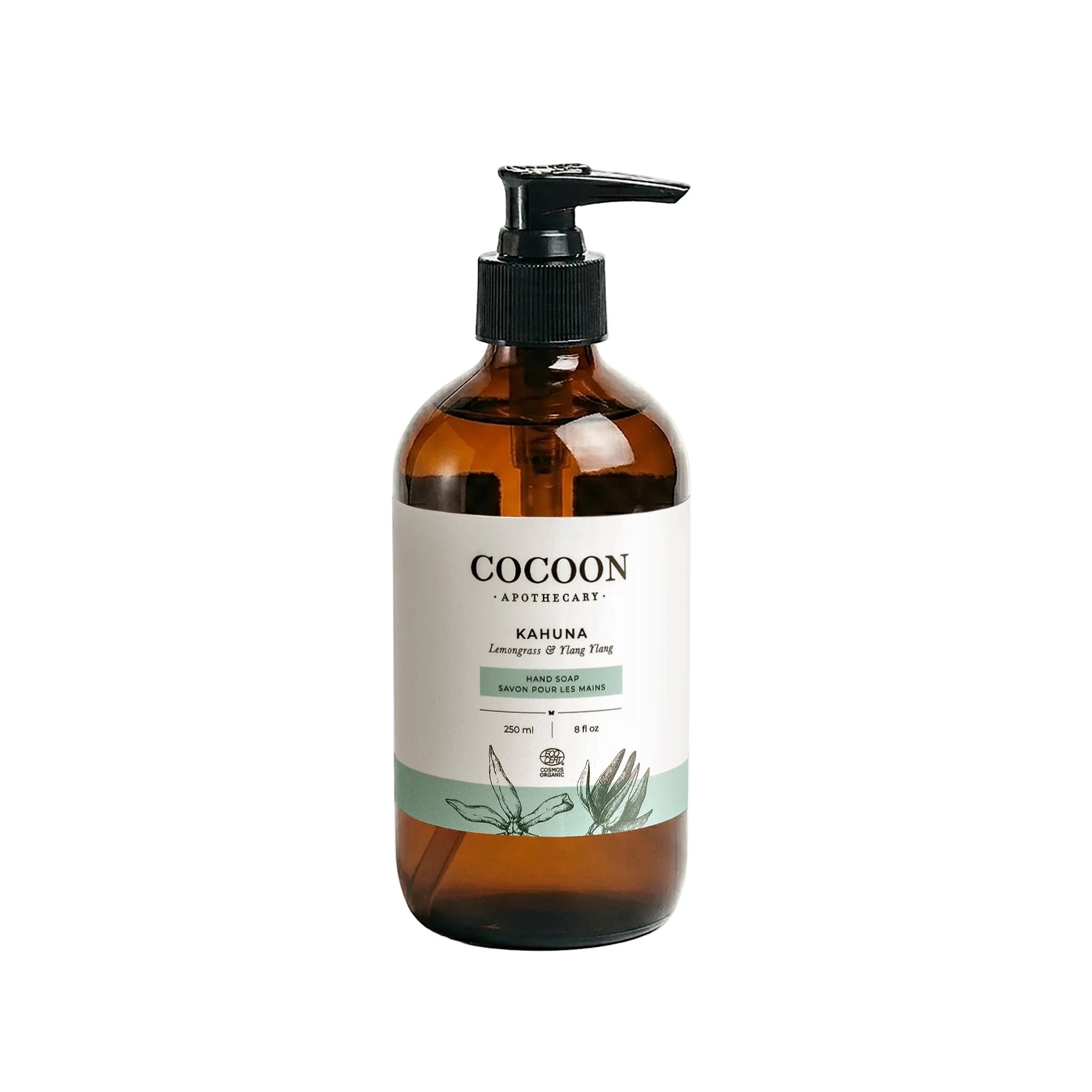 Oh Canada Gifts Kahuna organic liquid hand soap in an amber glass pump bottle with lemongrass and ylang ylang scent.