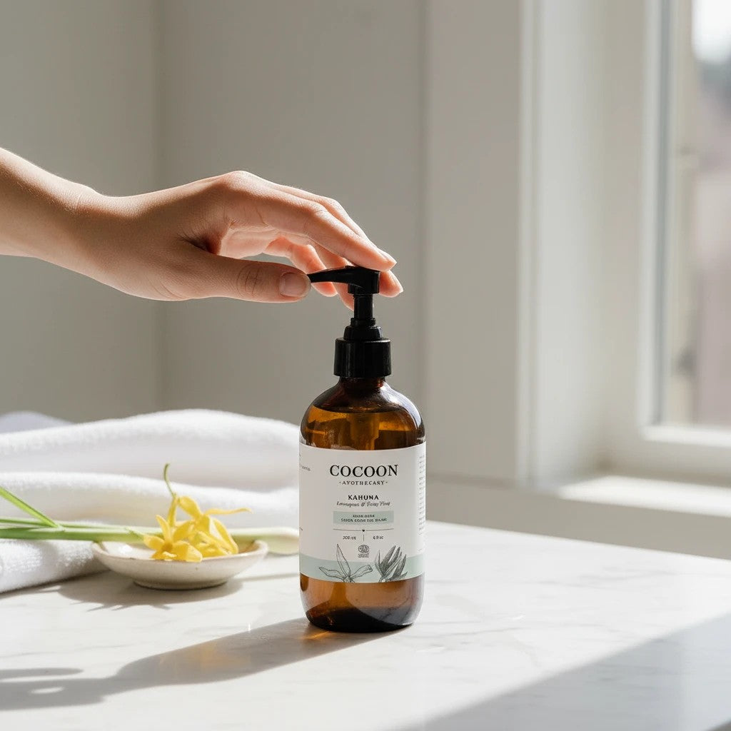 Oh Canada Gifts Kahuna organic liquid hand soap in a glass pump bottle with lemongrass and ylang ylang scent