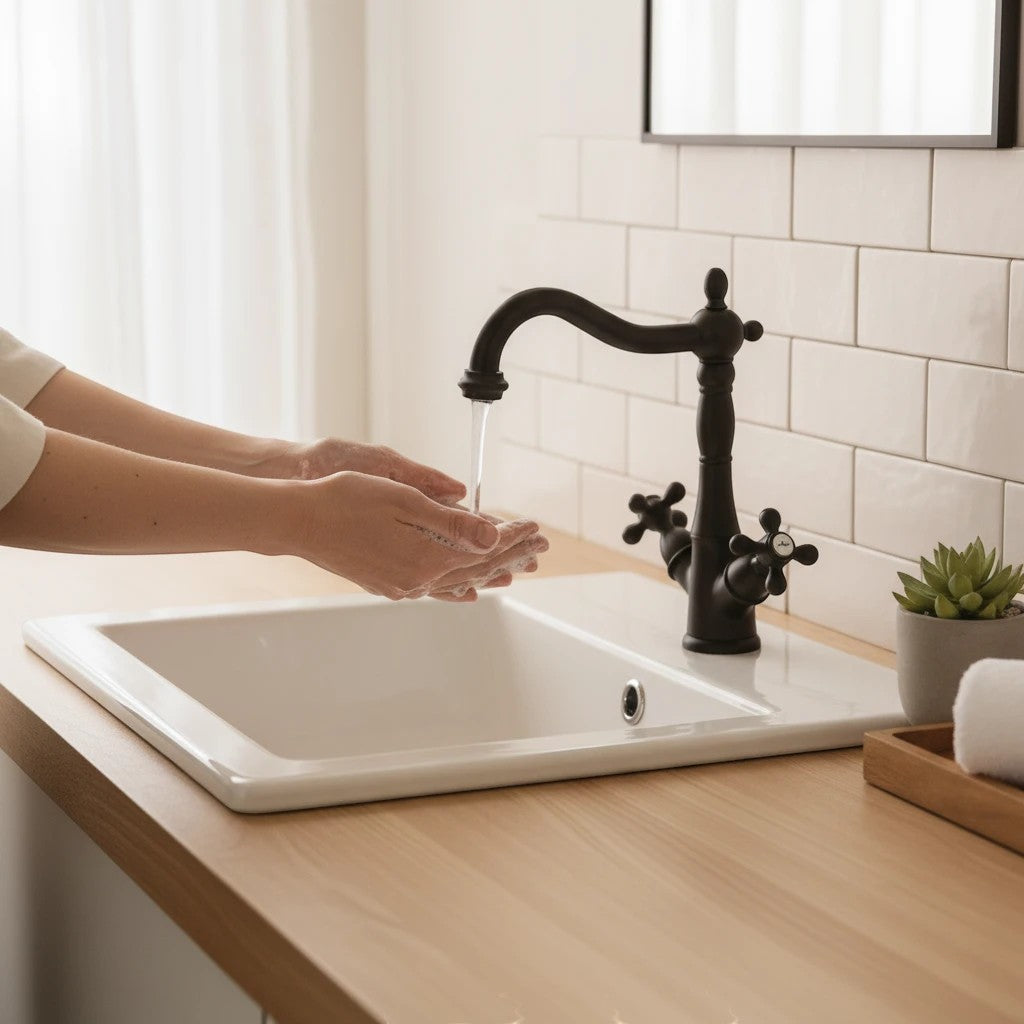Oh Canada Gifts Kahuna organic hand soap lathering under a vintage black faucet in a bright modern bathroom sink