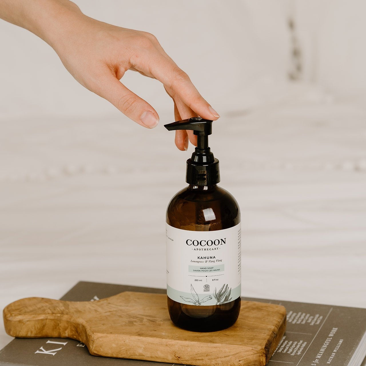 Oh Canada Gifts Kahuna organic liquid hand soap in a glass pump bottle with lemongrass and ylang ylang scent