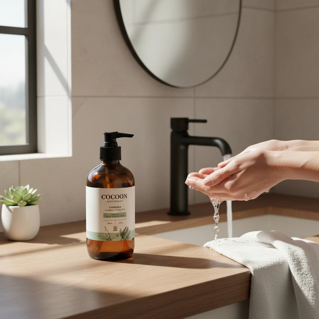 Oh Canada Gifts Kahuna organic liquid hand soap in an amber glass pump bottle on a wooden bathroom vanity.