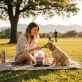 Oh Canada Gifts kangaroo and beef tripe dog treat sticks being fed to a golden retriever puppy in a sunny park.