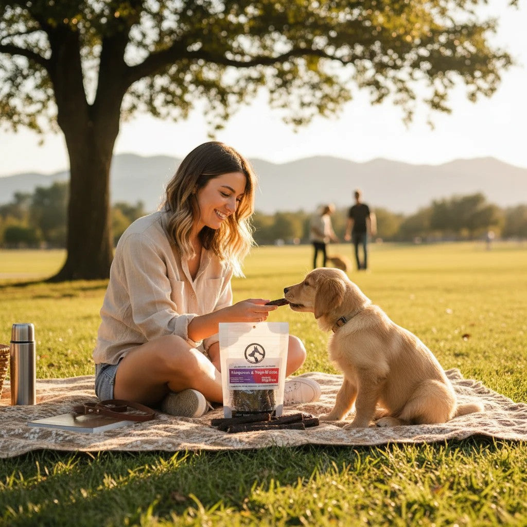 Oh Canada Gifts kangaroo and beef tripe dog treat sticks being fed to a golden retriever puppy in a sunny park.
