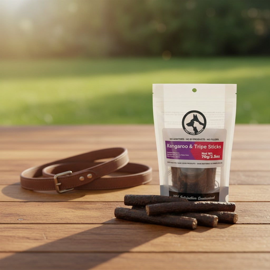Oh Canada Gifts kangaroo and beef tripe dog treat sticks in a resealable pouch on a wooden table with a leather leash.