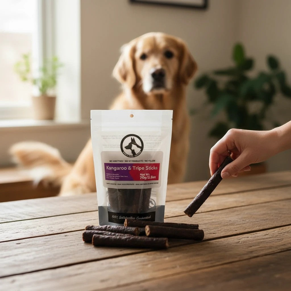 Oh Canada Gifts kangaroo and beef tripe dog treat sticks in a pouch with a golden retriever waiting in the background